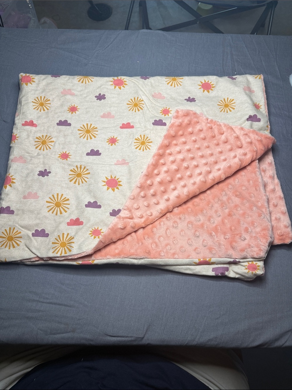 Reversible Pink Minky Baby Blanket with Sun & Cloud Print